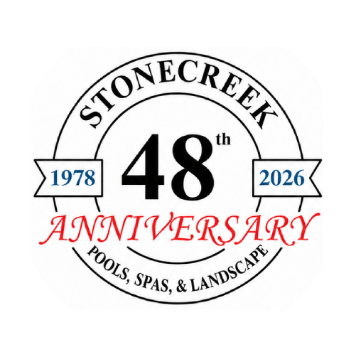 Stone Creek 48th Anniversary logo, which features a white background with the text "Stone Creek Pools