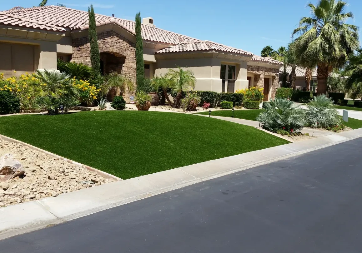 Residential area in Phoenix, Arizona with artificial grass photos, plants, trees, flowers, stones, and a road
